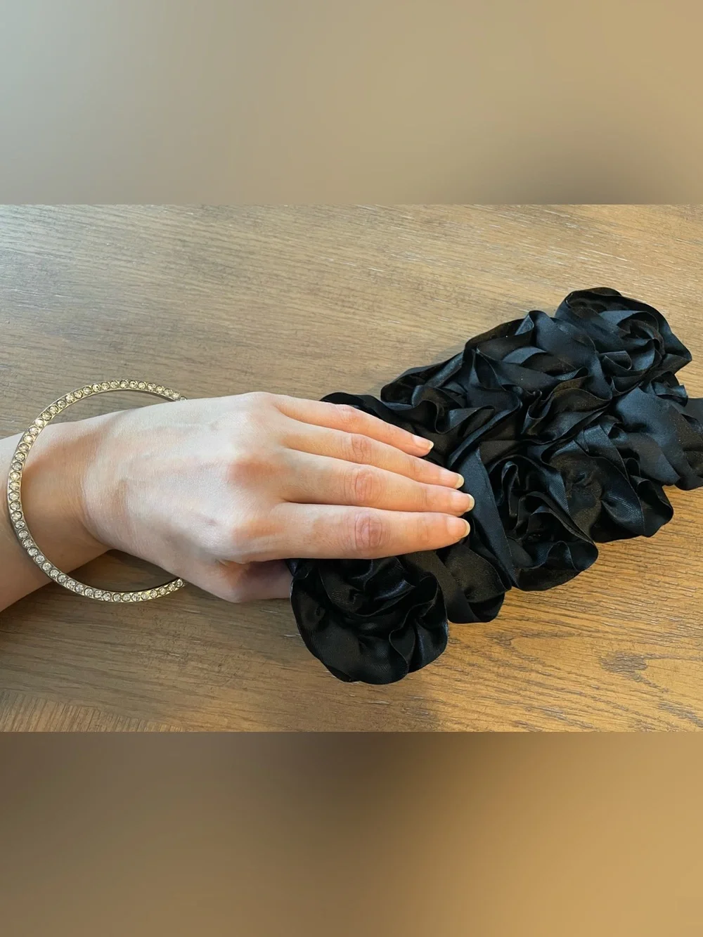 Lulu Townsend Black Rosette Clutch/Wrislet with Rhinestoned Handle/Bracelet